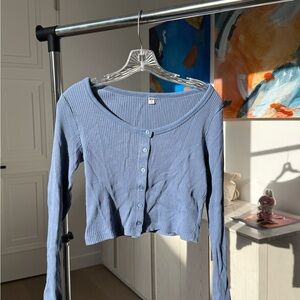 Uniqlo Blue Ribbed Button-Up Women's Top
